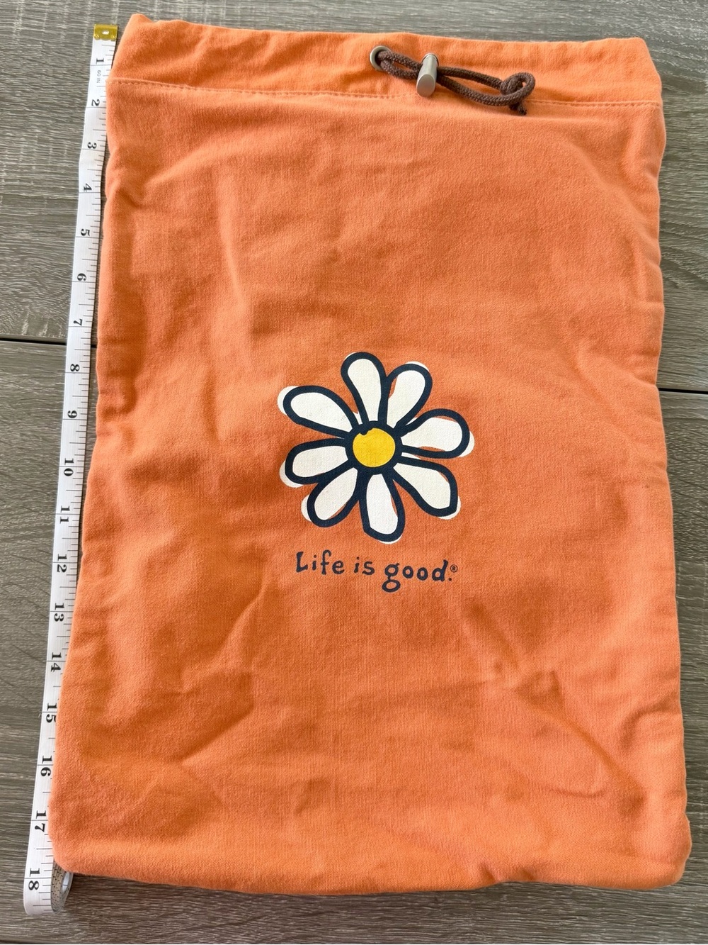 Life is Good Orange Daisy Drawstring Canvas Backpack Bag 12”x18”
